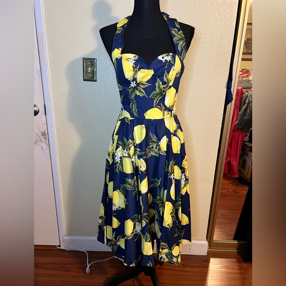 Navy and Yellow Lemon Midi Dress